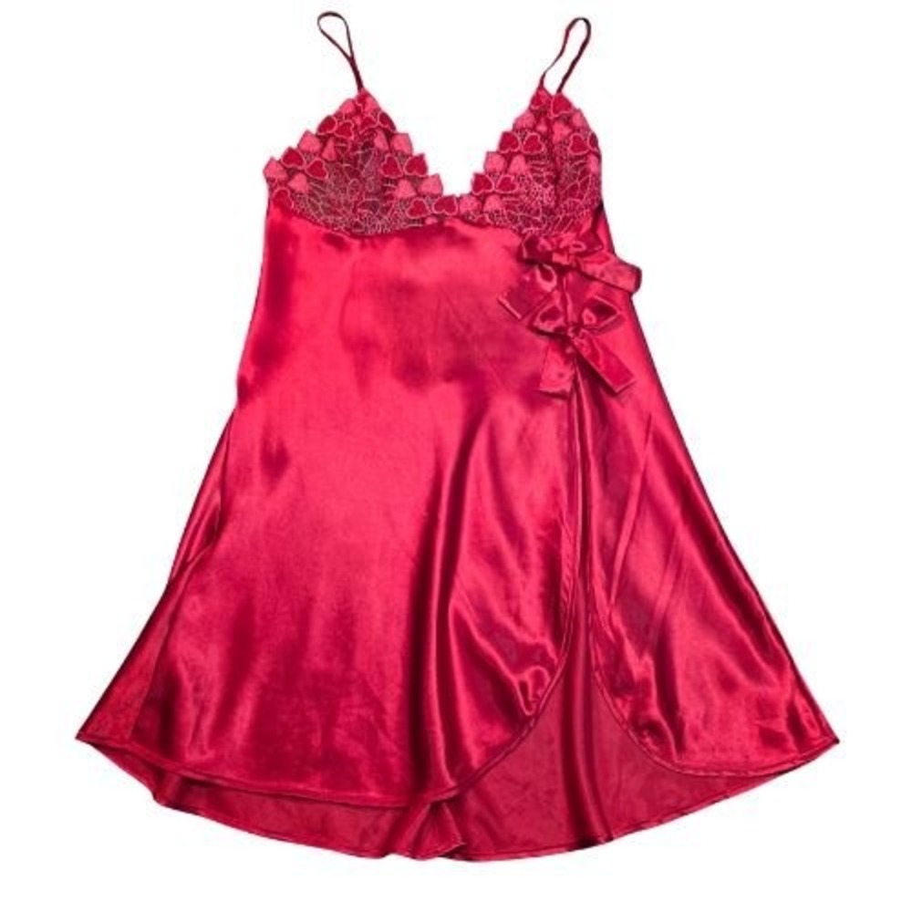 Vintage 90s Fredericks of Hollywood Red Satin Heart Lace Chemise Teddy Lingerie